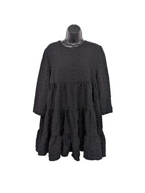 Black Tiered Babydoll Dress Cottage Minimalist Lagenlook Romantic Resort Size L